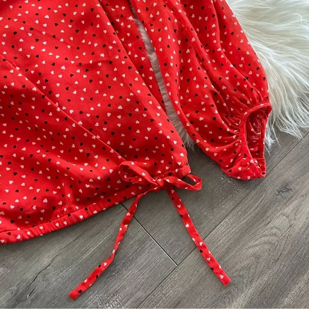 Banana Republic Puff Sleeve Wrap Red Hearts Tie‎ Blouse XS
